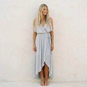 Free people Fiona Maxi Dress Rain Blue Grey color, with beautiful embroidery